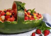 image مدل هندوانه به شکل سبد میوه تزیین شده برای شب یلدا